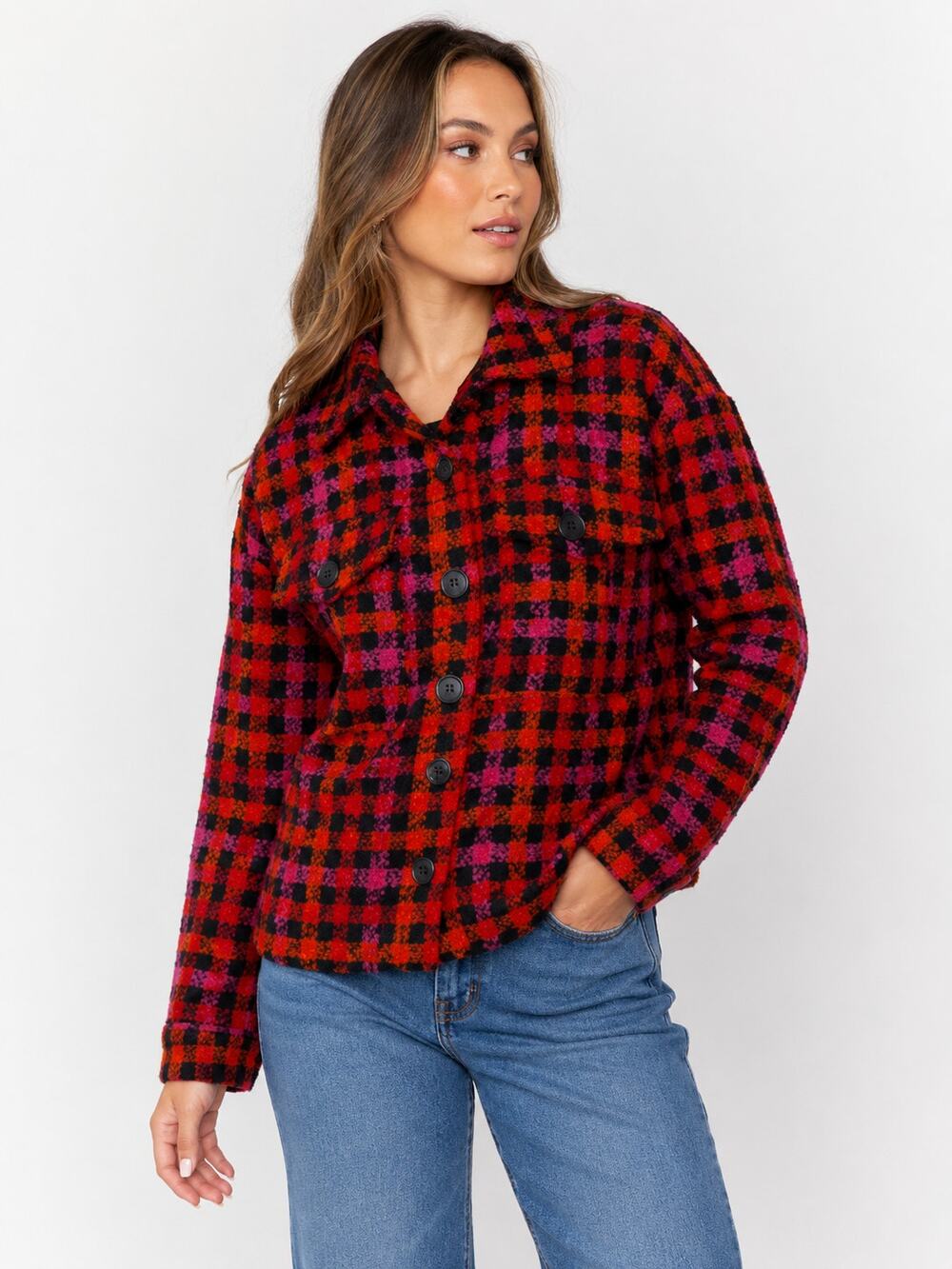 Sanctuary SZ S The Roller Shacket Red Pink Orange Black Plaid